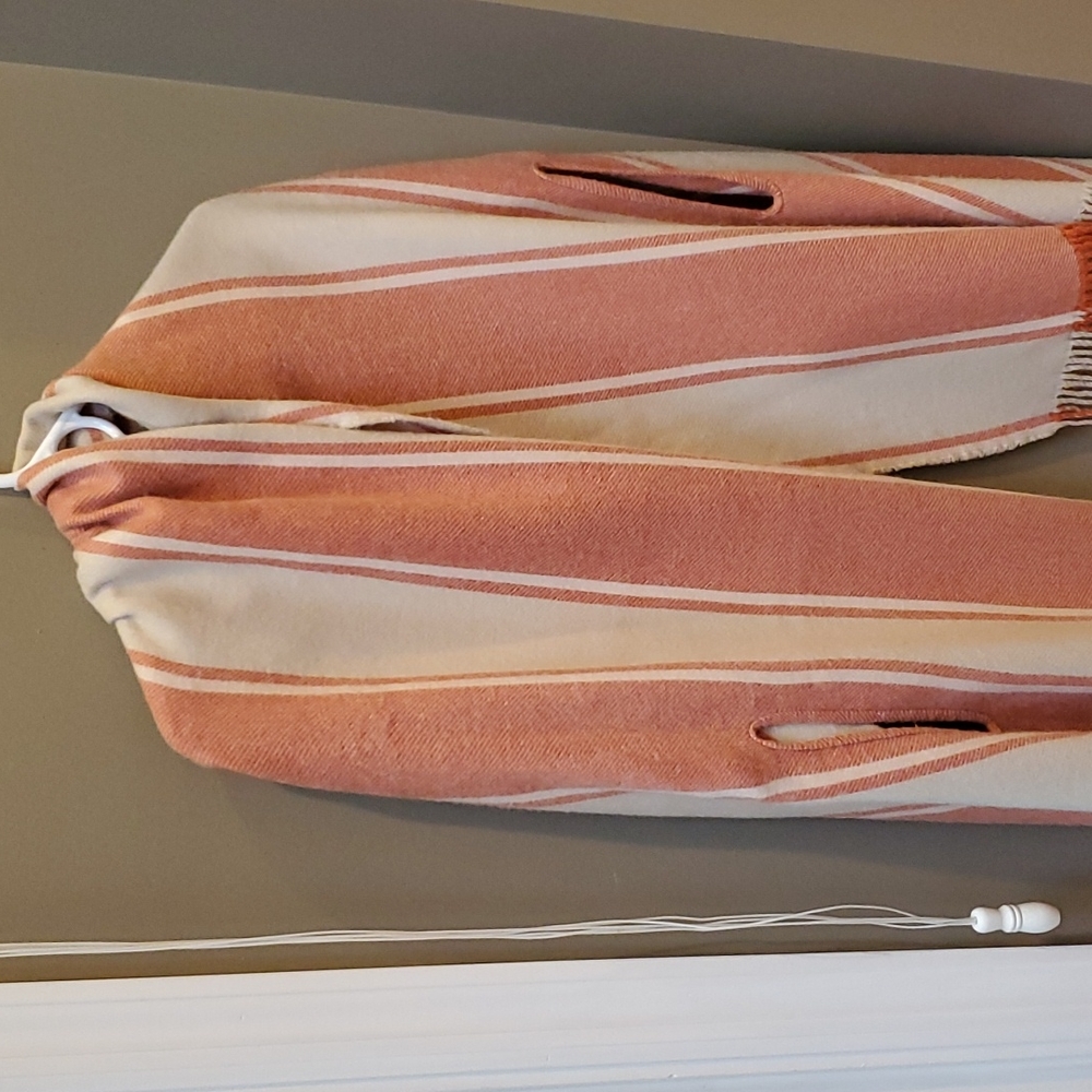 Madewell wrap with fringe', tan with red stripes.